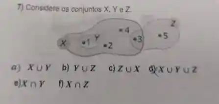 Considere os conjuntos X,Y in Z . a) X uu Y b) Y uu Z c) Z uu X d) X uu Y uu Z e) X nn Y f) X nn Z