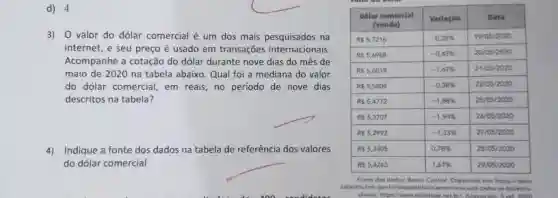 d) 4 3) O valor do dólar comercial é um dos mais pesquisados na internet, e seu preço é usado em transaçōes internacionais. Acompanhe a cotação do dólar durante nove dias do mês de maio de 2020 na tabela abaixo. Qual foi a mediana do valor do dólar comercial, em reais, no período de nove dias descritos na tabela? 4) Indique a fonte dos dados na tabela de referência dos valores do dólar comercial Dblar comercial (venda) Dblar comercial (venda) Variaçao Data is 5,7216 -0.28% 19//05//2020 Rs 5,6968 -0,435 20//05//2020 RS ,6019 -1,67% 21//05//2020 Rs 5,5808 -0,38% 22005//2020 R5 5,4772 -1.86% 25//05//2020 855,3707 -1,94% 26//05//2020 P5 5,2992 -1,33% 27//05//2020 R5 5,3405 0,789 28//05//2020 RS 5,4263 3,61% 29//05//2020 "Dblar comercial (venda)"	Variaçao	Data is 5,7216	-0.28%	19//05//2020 Rs 5,6968	-0,435	20//05//2020 RS ,6019	-1,67%	21//05//2020 Rs 5,5808	-0,38%	22005//2020 R5 5,4772	-1.86%	25//05//2020 855,3707	-1,94%	26//05//2020 P5 5,2992	-1,33%	27//05//2020 R5 5,3405	0,789	28//05//2020 RS 5,4263	3,61%	29//05//2020 sabertos beb gov bridatasetidalar-americano-uad-todos-os-boletine.