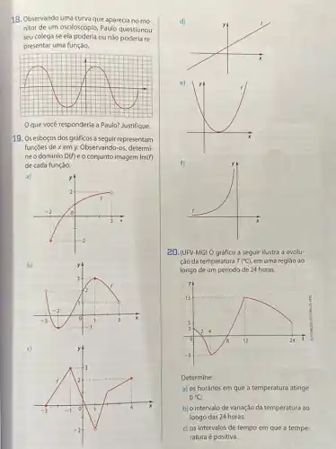 18. Observando uma curva que aparecia no mo-
nitor de um osciloscópio Paulo questionou
seu colega se ela poderia ou não poderia re-
presentar uma função.
__
Oque você responderia a Paulo? Justifique.
19. Os esboços dos gráficos a seguir representam
funçōes de xem y.Observando-os, determi-
ne o domínio D(f)e o conjunto imagem Im(1)
de cada função.
b)
c)
d)
f)
2D. (UFV-MG) O gráfico a seguir ilustra a evolu-
ção da temperatura T(^circ C), em uma região ao
longo de um período de 24 horas.
Determine:
a) os horários em que a temperatura atinge
0^circ C;
b) o intervalo de variação da temperatura ao
longo das 24 horas;
c) os intervalos de tempo em que a tempe-
ratura é positiva.