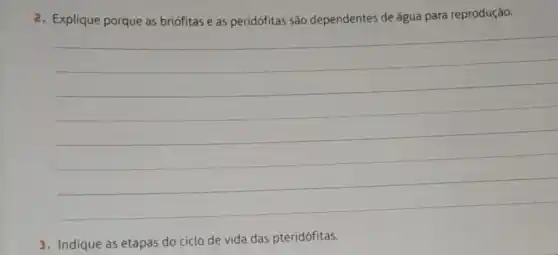 2. Explique porque as briófitas e as peridófitas são dependentes de água para reprodução.
3. Indique as etapas do ciclo de vida das pteridófitas.