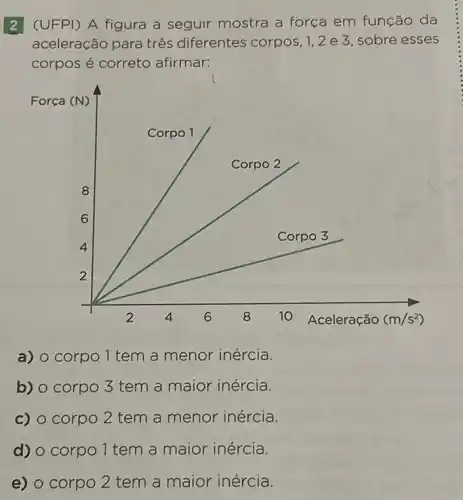 2 (UFPI) A figura a seguir mostra a força em função da
aceleração para três diferentes corpos, 1 , 2 e 3, sobre esses
corpos é correto afirmar:
Força (N)
a) o corpo 1 tem a menor inércia.
b) 0 corpo 3 tem a maior inércia.
c) 0 corpo 2 tem a menor inércia.
d) 0 corpo 1 tem a maior inércia.
e) o corpo 2 tem a maior inércia.