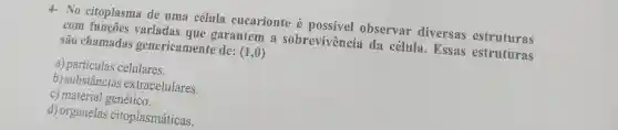 4-No citoplasma de uma célula eucarionte
é
possivel observar diversas estruturas
com funções variadas que garantem a sobrevivência da célula . Essas estruturas são chamadas genericamente de:
(1,0)
a)particulas celulares.
b) substâncias extracelulares.
C)material genético.
d) organelas citoplasmáticas.