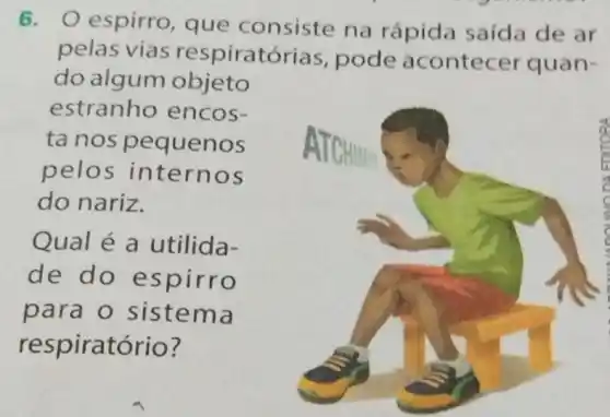 6. 0 espirro que consiste na rápida saída de ar
pelas vias respiratórias , pode acontecer quan-
do algum objeto
estranho encos-
tanos pequenos
pelos internos
do nariz.
Qual é a utilida-
de do espirro
para o sistema
respiratório?