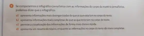 8 Se compararmos o infográfico jornalístico com as informações do corpo da matéria jornalística,
podemos dizer que o infográfico:
a) apresenta informações mais desorganizadas do que as que estariam no corpo do texto.
b) apresenta informações mais completas do que as que estariam no corpo do texto.
c) permite a visualização das informações de forma mais clara e rápida.
d) apresenta um resumo do tópico, enquanto as informações no corpo do texto são mais completas.