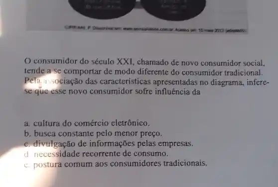 consumidor do século XXI, chamado de novo consumidor social,
tende a se comportar de modo diferente do consumidor tradicional.
Pela, associação das características apresentadas no diagrama, infere-
se que esse novo consumidor sofre influência da
a. cultura do comércio eletrônico.
b. busca constante pelo menor preço.
c. divulgação de informações pelas empresas.
d. necessidade recorrente de consumo.
e. postura comum aos consumidores tradicionais.