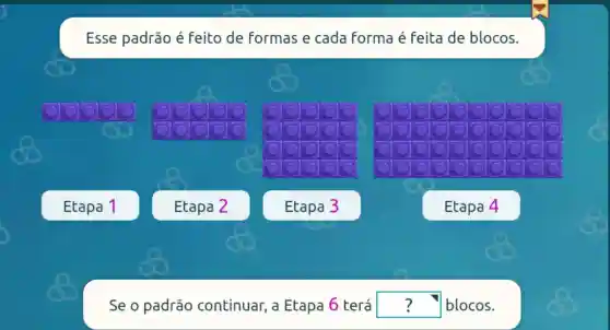 Esse padrão é Feito de Formas e cada forma é feita de blocos.
Etapa 1
Etapa 2
Se o padrão continuar, a Etapa 6 terá square  blocos.