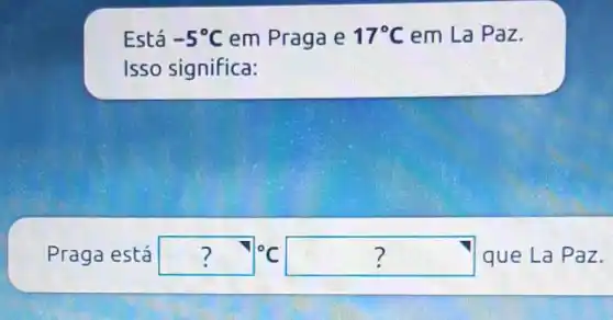 Está -5^circ C em Praga e 17^circ C em La Paz.
Isso significa:
Praga está ? ?^circ C square  que La Paz.