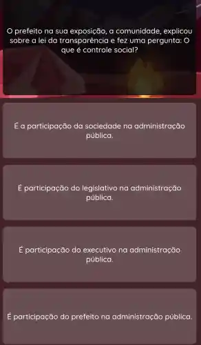 exposição , a comunidade explicou
sobre a lei da transparência e fez uma pergunta:
que é controle social?
sociedade na administração
pública.
E participação do legislativo na administração
pública.
E participação do executivo na administração
pública
E participação do pre prefeito na administração pública