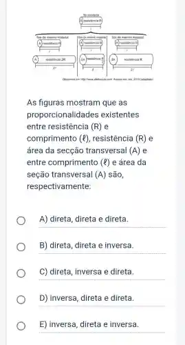 As figuras mostram que as
proporcionalidade s existentes
entre resistencia (R) e
comprimento (l) , resistência (R)e
área da secção transversal (A) e
entre comprimento (l) e área da
seção transversal (A) são,
respectivamente:
A) direta, direta e direta.
__
B) direta, direta e inversa.
C) direta , inversa e direta.
__
D) inversa , direta e direta.
__
E) inversa , direta e inversa.