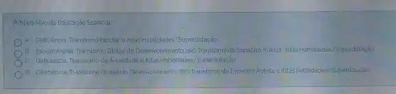 Público Alvo da Educação Especial
A. Deficiência, Transtorno bipolar e Altas Habilidades /Superdotação
B Esquizofrenia, Transtomo Global do Desenvolvimento (sic)Transtorno do Espectro Autista Altas Habilidades/Superdotação
c Deficiência, Transtorno de Ansiedade e Altas Habilidades /Superdotação
D Deficiência, Transtorno Global do Desenvolvimento (sic) Transtomo do Espectro Autista e Altas habilidades/Superdotação