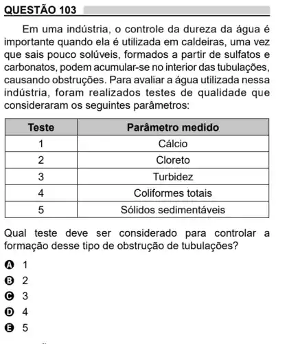 QUESTÃO 103
Em uma indústria, o controle da dureza da água é
importante quando ela é utilizada em caldeiras, uma vez
que sais pouco solúveis, formados a partir de sulfatos e
carbonatos, podem acumular-se no interior das tubulações,
causando obstruções . Para avaliar a água utilizada nessa
indústria, foram realizados testes de qualidade que
consideraram os seguintes parâmetros:
Teste	Parâmetro medido
1	Cálcio
2	Cloreto
3	Turbidez
4	Coliformes totais
5	Sólidos sedimentáveis
Qual teste deve ser considerado para controlar a
formação desse tipo de obstrução de tubulações?
A 1
B 2
C C 3
D 4
B 5