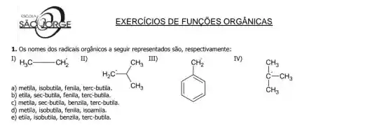 SACQORSE
1. Os nomes dos radicais orgânicos a seguir representados são , respectivamente:
a) metila, isobutila, fenila , terc-butila.
H_(2)C-CH_(3)
III)
CH_(2)
IV)
b) etila, sec-butila, fenila , terc-butila.
c) metila, sec-butila, benzila terc-butila.
d) metila, isobutila, fenila , isoamila
e) etila, isobutila, benzila terc-butila.
EXERCICIOS DE FUNCÓES ORGÂNICAS