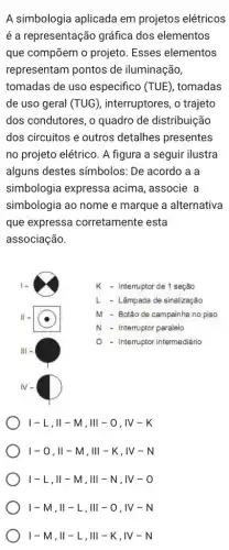 A simbologia aplicada em projetos elétricos
é a representação gráfica dos elementos
que compõem o projeto Esses elementos
representam pontos de iluminação,
tomadas de uso especifico (TUE) , tomadas
de uso geral (TUG) , interruptores, o trajeto
dos condutores, o quadro de distribuição
dos circuitos e outros detalhes presentes
no projeto elétrico. A figura a seguir ilustra
alguns destes símbolos : De acordo a a
simbologia expressa acima, associe a
simbologia ao nome e marque a alternativa
que expressa corretamente esta
associação.
vert -L,Vert -M,Vert vert -0,vert V-K
vert -0,Vert -M,Vert vert -K,vert V-N
vert -L,Vert -M,Vert vert -N,vert V-O
vert -M,Vert -L,Vert vert -O,vert V-N
vert -M,Vert -L,IVert -K,vert V-N