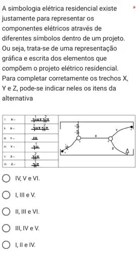 A simbologia elétrica residencial existe
justamente para representar os
componentes elétricos através de
diferentes símbolos dentro de um projeto
Ou seja, trata-se de uma representação
gráfica e escrita dos elementos que
compõem o projeto elétrico residencial.
Para completar corretamente os trechos X,
Y e Z, pode-se indicar neles os itens da
alternativa
I. Xarrow 
III. X-
Y
III. Y-
x
a
IV. Yarrow 
1
v. z-
2
a	A
VI. Zarrow 
IV, V e VI.
I, Ill e V.
II, III e VI.
Ill, IV e V.
I, II e IV.