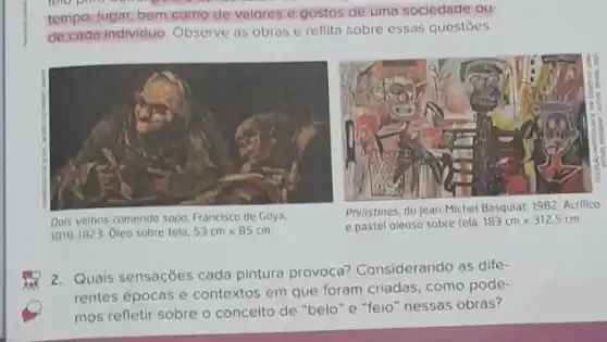 tempo, lugar, bem como de valores e gostos de uma sociedade ou
de cada individuo. Observe as obras e reflita sobre essas questōes.
Dois velhos comendo sopo, Francisco de Goya,
1819-1823 Oleo sobre telo. 53cmtimes 85cm
Philistines, de Jean-Michel Basquiat 1982. Acrilico
e pastel oleoso sobre tela.
183cmtimes 312,5cm
2. Quals sensações cada pintura provoca? Considerando as dife-
rentes épocas e contextos em que foram criadas como pode-
mos refletir sobre o concelto de "belo"e "felo "nessas obras?