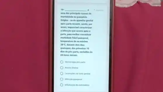 __
urna das principals causas de
mortalidade no puerpério.
Origina - se do aparelho genital
após parto recente, sendo por
vezes, impossivel caracterizar
a infecção que ocorre após o
parto, para melhor conceituar
morbidade febril puerperal,
temperatura de no minimo
38^circ C, durante dois dias
qualsquer, dos primeiros 10
dias do pós-parto, excluidas los
24 horas iniclais
Hemorragia pos parto
Alonia Uterina
Laceracoes do trato genital
Infeccio puerperal
Inflamação do endométrio