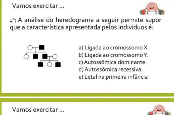 Vamos exercitar __
49 A análise do heredograma a seguir permite supor
que a característic apresentada pelos individuos é:
a) Ligada ao cromossomo X.
b) Ligada ao cromossomo Y.
c) Autossômica dominante.
d) Autossômica recessiva.
e) Letal na primeira infancia
Vamos exercitar __