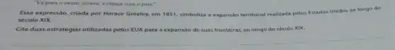 "Vapara o oeste jovem, e cresça com o pais."
Essa expressão, criada por Horace Greeley, em 1851 simboliza a expansáo territorial realizada pelos Estados Unidos ao longo do
século XIX.
Cite duas estratégias utilizadas pelos EUA para a expansão de suas fronteiras, ao longo do século XIX.