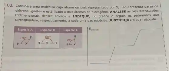 03. Considere uma molécula cujo átomo central, representado por X , não apresenta pares de elétrons ligantes e está ligado a dois átomos de hidrogênio. ANALISE as três distribuições tridimensionais desses átomos e INDIQUE, no gráfico a seguir, os patamares que correspondem, respectivamente, a cada uma das espécies. JUSTIFIQUE a sua resposta.