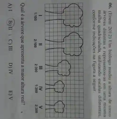 06. (Enem 2012) Um biologo mediu a altura de cinco
arvores distintas e representou-as em uma mesma
malha quadriculada , utilizando escalas diferentes,
conforme indicações na figura a seguir.
Qual é a árvore que apresenta a maior altura real?
A) I
B) II
C) III
D) IV
E) V