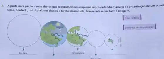 1. A professora pediu a seus alunos que realizassem um esquema representando os niveis de organização de um ecossi
tema. Contudo, um dos alunos deixou a tarefa incompleta. Acrescente o que falta à imagem.
Cores fantasia.
Elementos fora de proporção.