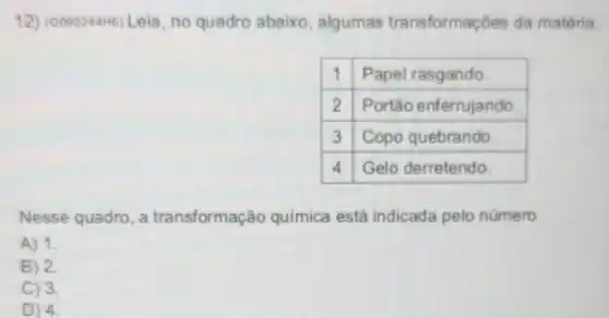 12) (0090244H6) Leia, no quadro abaixo, algumas transformaçōes da matéria.

 1 & Papel rasgando. 
 2 & Portão enferrujando. 
 3 & Copo quebrando. 
 4 & Gelo derretendo. 


Nesse quadro, a transformação química está indicada pelo número
A) 1.
B) 2.
C) 3.
D) 4.