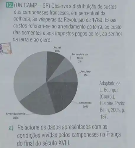 12. (UNICAMP - SP)Observe a distribuição de custos
dos camponeses franceses , em percentual da
colheita, as vésperas da Revolução de 1789. Esses
custos referem-se ao arrendamento da terra ,ao custo
das sementes e aos impostos pagos ao rei ao senhor
da terra e ao clero.
187
a) Relacione os dados apresentados com as