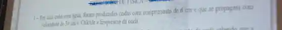 1-Em uma cuba com água, foram produzidas ondas com comprimento de 6 cm eque se propagam com
velocidade de 30cm/s. Calcule a frequência da onda.