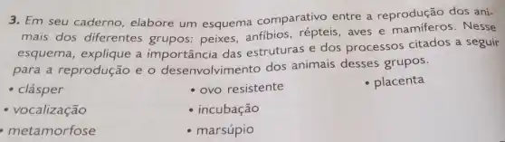 3. Em seu caderno elabore um esquema comparativo entre a reprodução dos ani-
mais dos diferentes grupos:peixes,anfibios , répteis, aves e Nesse
esquema, explique a importância das estruturas e dos processos citados a seguir
para a reprodução eo desenvolvimento dos animais desses grupos.
- clásper
- ovo resistente
placenta
- vocalização
- incubação
metamorfose
marsúpio