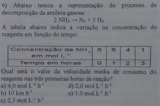 6) Abaixo temos a representação do processo de
decomposição da amônia gasosa:
2NH_(3)arrow N_(2)+3H_(2)
A tabela abaixo indica a variação na concentração do
reagente em função do tempo:
Concentração de N NH_(3) 8 6 4 1
em mol L^-1
Tempo em horas	o 1 2 3
Qual será 0 valor da velocidade média de consumo do
reagente nas três primeiras horas de reação?
a) 4,0molcdot L^-1cdot h^-1
d) 2,0molLL^-1cdot h^-1
b) 10kmcdot h^-1
e) 1,0molLL^-1cdot h^-1
c) 2,3molcdot L^-1cdot h^-1