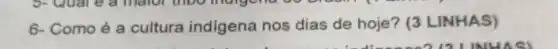 6- Comoé a cultura indigena nos dias de hoje?(3 LINHAS)