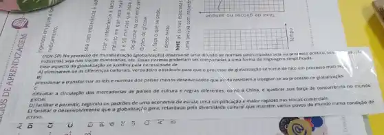 __
anbue 5	15 ap e xe
__
(FGV-SP) No processo de mundialkaç3o [globalização] observa-se uma ditusão de normas padronlzadas seja no protesso politico, seja
industrial, seja nas trocas etc. Essas normas poderiam ser comparadas a uma forma de linguagem simplificada.
Esse aspectoda globalização sejustifica pela necessidade de
A) eliminarem-se as culturals, verdadeiro obstáculo para que o processo de globalização se torne de fato um processo mais reit
B)
pressionar e transformar as leis e r
normas dos paises menos
s desenvolvidos que alinta resistem a integrar-se ao processo de globalizaçǎo.
dificultar a circulação das mercadorias de palses de cultura e regras diferentes como a China, e quebrar sua força de concorrénda no mundo
global.
D) facilitar e permitir, segundo os padrões de uma economla de escala, uma simplificação e malor rapidez nas trocas comerclais.
E) facilitar o desenvolvimento que a globalização gera,retardado pela diversidade cultural que mantém vários povos do mundo numa condição de
atraso.