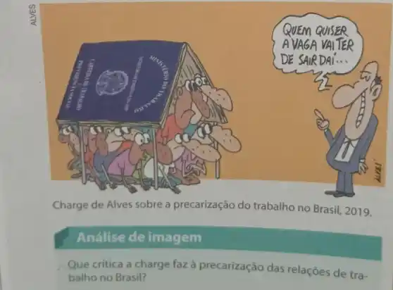 Charge de Alves sobre a precarização do trabalho no Brasil , 2019.
Análise de imagem
Que crítica a charge faz à precarização das relações de tra-
balho no Brasil?