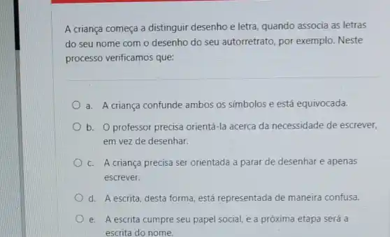 A criança começa a distinguir desenho e letra, quando associa as letras
do seu nome com o desenho do seu autorretrato, por exemplo. Neste
processo verificamos que:
a. A criança confunde ambos os símbolos e está equivocada.
b. O professor precisa orientá-la acerca da necessidade de escrever,
em vez de desenhar.
c. A criança precisa ser orientada a parar de desenhar e apenas
escrever.
d. A escrita, desta forma, está representada de maneira confusa.
e. A escrita cumpre seu papel social, e a próxima etapa será a
escrita do nome.