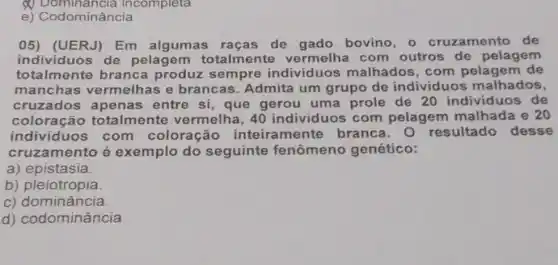 d) Dominancia incompleta
e) Codominância
05) (UERJ) Em algumas raças de gado bovino, o cruzamento de
individuos de pelagem totalmente vermelha com outros de pelagem
totalmente branca produz sempre individuos malhados .com pelagem de
manchas vermelhas e brancas. Admita um grupo de individuos malhados,
cruzados apenas entre si, que gerou uma prole de 20 individuos de
coloração totalmente vermelha, 40 individuos com pelagem malhada e 20
individuos com coloração inteiramente branca. O resultado desse
cruzamento é exemplo do seguinte fenômeno genético:
a) epistasia.
b)pleiotropia.
C)dominância.
d) codominância