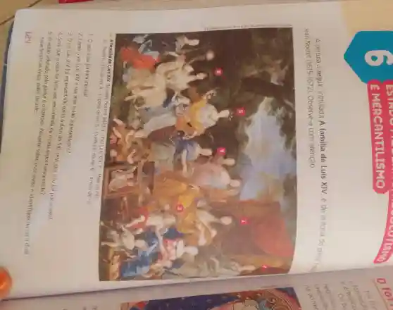 MERCANTILI SMO
COTISMO
A pintura a seguir intitulada A familia de Luis XIV, é de autoria do pintor france
Jean Nocret (1615-1672)Observe-a com atenção.
Cunhada do rei; 6 - Irmão do rei
1. 0 que essa pintura mostra?
2. Como o rei Luis XIV e sua mãe estão representados?
3. O rei Luis XIV foi representado como o deus do Sol;será que isso foi por acaso?
4. Será que a obra foi feita sob encomenda ou criada espontaneamente?
5. O estilo adotado pelo pintoréo barroco. Pesquise sobre esse estilo e identifique na obra duas caracteristicas desse estilo de arte.
ley