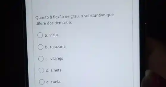 Quanto à flexão de grau, o substantivo que
difere dos demais é:
a. viela.
b. ratazana.
c. vilarejo.
d. sineta.
e. ruela.