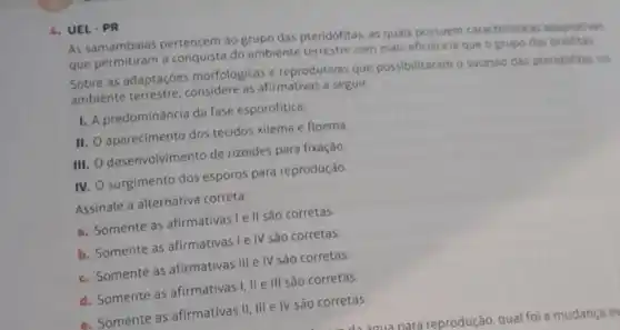 As samambaias pertencem ao grupo das pteridófitas, as quais possuem caracteristicas adaptativas
que permitiram a conquista do ambiente terrestre com mais eficiencia que o grupo das
Sobre as adaptaçoes morfológicas e reprodutivas que possibilitaram o sucesso das pteridititas no
ambiente considere as afirmativas a seguir.
1. A predominancia da fase esporofitica.
II. O aparecimento dos tecidos xilema e floema.
III. O desenvolvimento de rizoides para fixação.
IV. O surgimento dos esporos para reprodução.
Assinale a alternativa correta.
a. Somente as afirmativas Ie II sào corretas.
b. Somente as afirmativas Ie IV sao corretas.
c. Somente as afirmativas III e IV sào corretas.
d. Somente as afirmativas I, II e III são corretas.
e. Somente as afirmativas II, III e IV são corretas.
6. UEL-PR