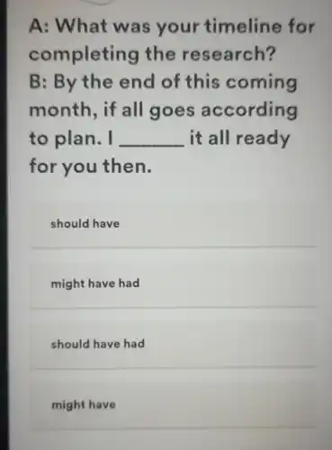 A: What was your timeline for
completing the research?
B: By the end of this coming
month, if all goes according
to plan. I __ it all ready
for you then.
should have
might have had
should have had
might have