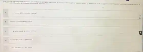 Vitaminas săo substâncias heterogêneas que auxiliam em atividades metabólicas do organismo. Alente para os seguintes sintomas de avilanhóoses escorbulo, cesuira noturna e rapulzione. Ausioke a alternativa que apresenta as vitaminas cuja falta está relacionada com os sintomas, respectivamente.
A 1. Retinol, ácido ascórbico, calciferal
B Retinol, calciferal, ácido ascórbico
C 1. Ácido ascórbico, retilonl, calciferal
D Calciferal, retilonl, ácido ascórbico
E Ácido ascórbico, calciferal, retilonl