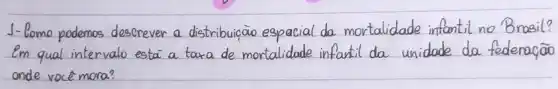 1- Como podemos descrever a distribuição espacial da mortalidade infantil no Brasil? Em qual intervalo esta a taxa de mortalidade infantil da unidade da federação onde vocé mora?