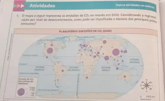 1. O mapa a seguir representa as emissões de mathrm(CO)_(2) no mundo em 2020. Considerando a regionalização por nível de desenvolvimento, como pode ser classificada a maioria dos principais países emissores?