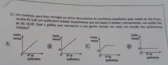 12. Um motoboy, para fazer entregas ou retirar documentos de escritórios espalhados pela cidade de Sao Paulo,
recebe R 3,00
por qullômetro rodado Suponhamos que ele passe a receber, mensalmente, um auxilio foro
de RS50,00.
Qual o gráfico que representa o seu ganho mensal, em reais, em função dos quilômetros
rodados?
A
(B)