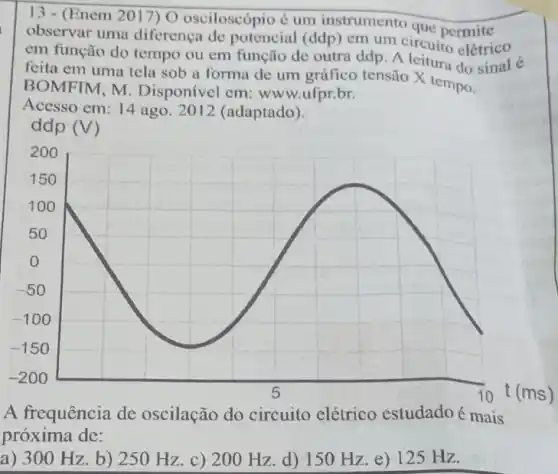 13- (Enem 2017 ) O osciloscópio é um instrumento que permite
observar uma diferença de potencial (ddp) em um circuito elétrico
em função do tempo ou em função de outra ddp. A
feita em uma tela sob a forma de um gráfico tensão X tempo.
BOMFIM, M Disponivel em: www.ufpr.br.
Acesso em: 14 ago. 2012 (adaptado).
ddp (V)
t (ms)
A frequência de oscilação do circuito elétrico estudado é mais
próxima de:
a) 300 Hz. b)250 Hz. c) 200 Hz. d) 150 Hz. e)125 Hz.