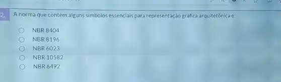 2. A norma que contém alguns símbolos essenciais para representação gráfica arquitetônica é:
NBR 8404
NBR 8196
NBR6023
NBR 10582
NBR 6492