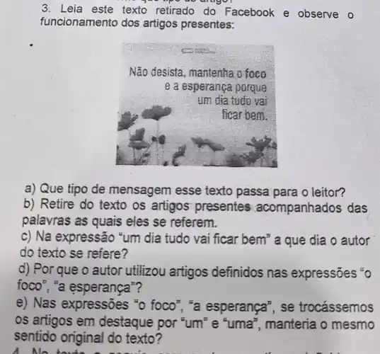 3: Leia este texto retirado do Facebook e observe o
funcionamento dos artigos presentes:
Não desista, mantenha o feco
a) Que tipo de mensagem esse texto passa para o leitor?
b) Retire do texto os artigos presentes acompanhados das
palavras as quais eles se referem.
c) Na expressão "um dia tudo vai ficar bern" a que dia o autor
do texto se refere?
d) Por que o autor utilizou artigos definidos nas expressões "o
foco"."a esperança"?
e) Nas expressões "o foco","a esperança", se trocássemos
os artigos em destaque por "um" e "uma", manteria o mesmo