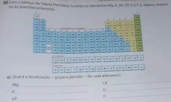 31 Com o esboço da Tabela Periódica, localize os elementos Mg, K, A, C, C, O e F e, depois, respon da às questões propostas.
a) Qual é a localização - grupo e periodo - de cada elemento?
Mg:
CQ:
 K :
O: