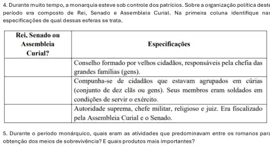 4. Durante muito tempo , a monarquia esteve sob controle dos patrícios . Sobre a organização política dest
período era composto de Rei, Senado e Assembleia Curial. Na primeira coluna identifique nas
especificações de qual dessas esferas se trata.
Rei, Senado ou
Assembleia	Especificações
Curial?
square 
grandes familias (gens).
Conselho formado por velhos cidadãos , responsáveis pela chefia das
square  (conjunto de dez clãs ou gens). Seus membros eram soldados em
Compunha-se de cidadãos que estavam agrupados em cúrias
condições de servir o exército.
square 
pela Assembleia Curial e o Senado.
Autoridade suprema . chefe militar , religioso e juiz. Era fiscalizado
5. Durante o período monárquico, quais eram as atividades que predominavam entre os romanos pare
obtenção dos meios de sobrevivência? E quais produtos mais importantes?