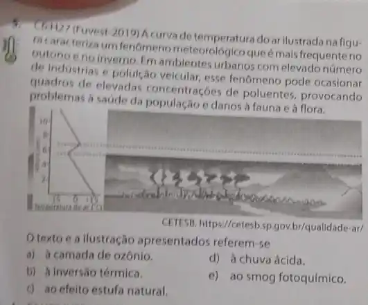 5. C6H27 (Fuvest-2019) A curva de temperatura do ar ilustrada na figu ra caracteriza um fenómeno meteorológico que é mais frequente no outono e no inverno. Em ambientes urbanos com elevado número de industrias e poluição veicular, esse fenómeno pode ocasionar quadros de elevadas concentraçóes de poluentes, provocando problemas à saúde da população e danos à fauna e à flora.
CETESB. https://cetesb.sp.gov.br/qualidade-ar/
O texto e a ilustração apresentados referem-se
a) à camada de ozônio.
d) à chuva ácida.
b) à inversăo térmica.
e) ao smog fotoquímico.
c) ao efeito estufa natural.