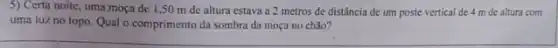 5) Certa noite, uma moça de 1,50 m de altura estava a 2 metros de distância de um poste vertical de 4 m de altura com
uma luz no topo Qual o comprimento da sombra da moça no chào?
